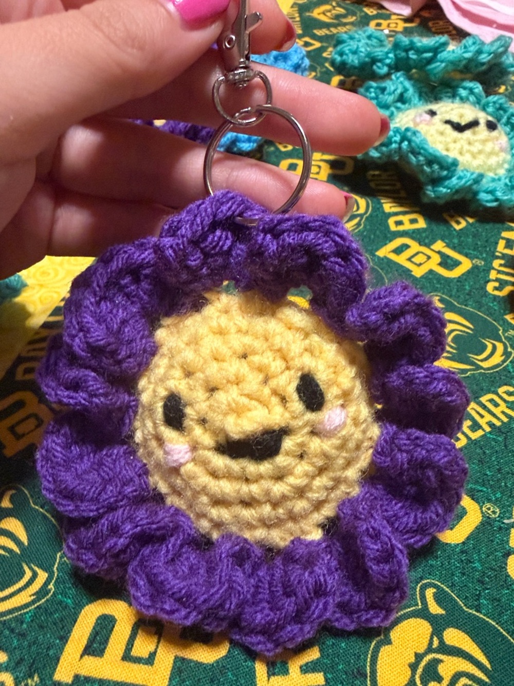 Hand Crafted Purple and Yellow Crochet Flower Keychain